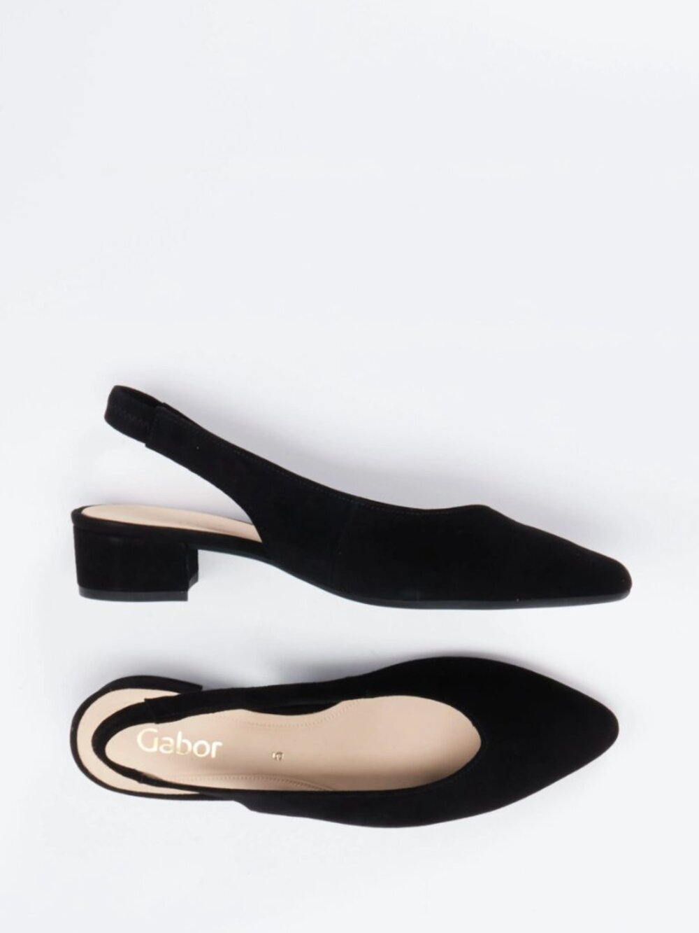 Never worn! Gabor Black Suede Pointed Slingback Kitten Heels